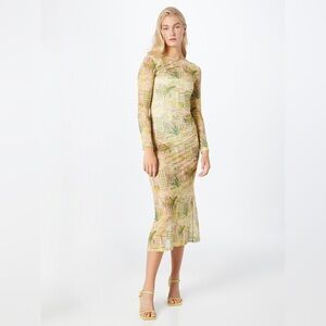 NWOT NASTY GAL Long Sleeve Mesh Bodycon Midi Dress Art Deco Palm Print Size 6